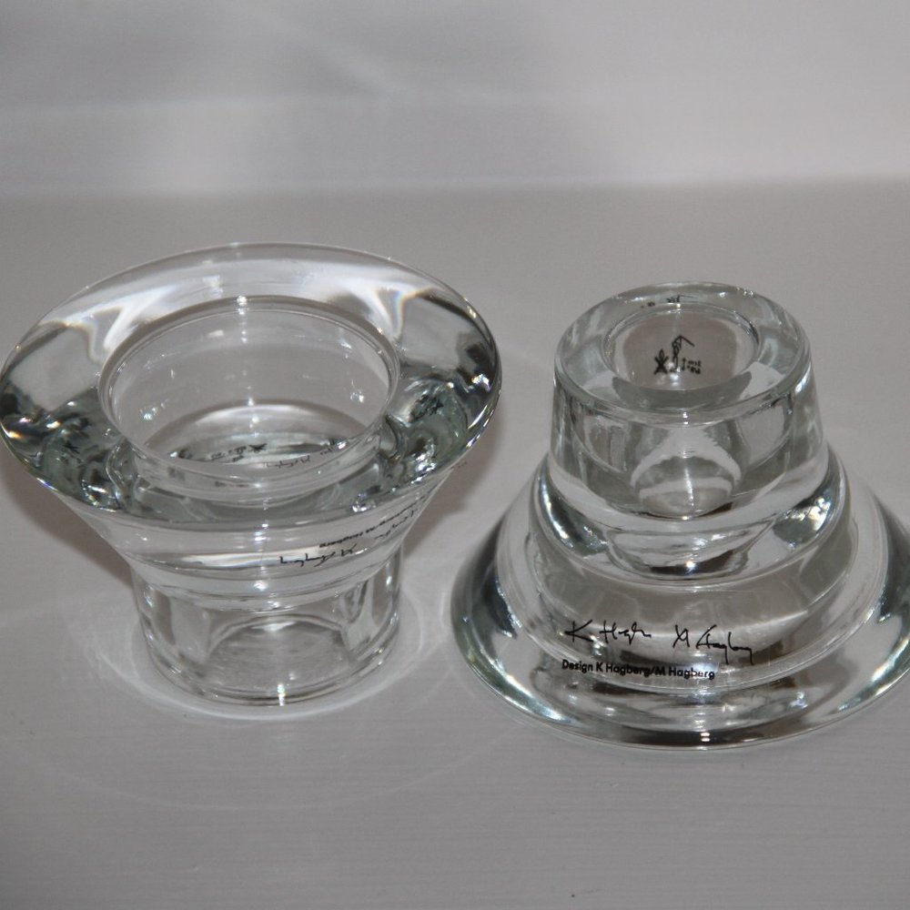 K&M Hagberg Artist Signed Glass Candle Holder Reversible Tea Light Set of 2